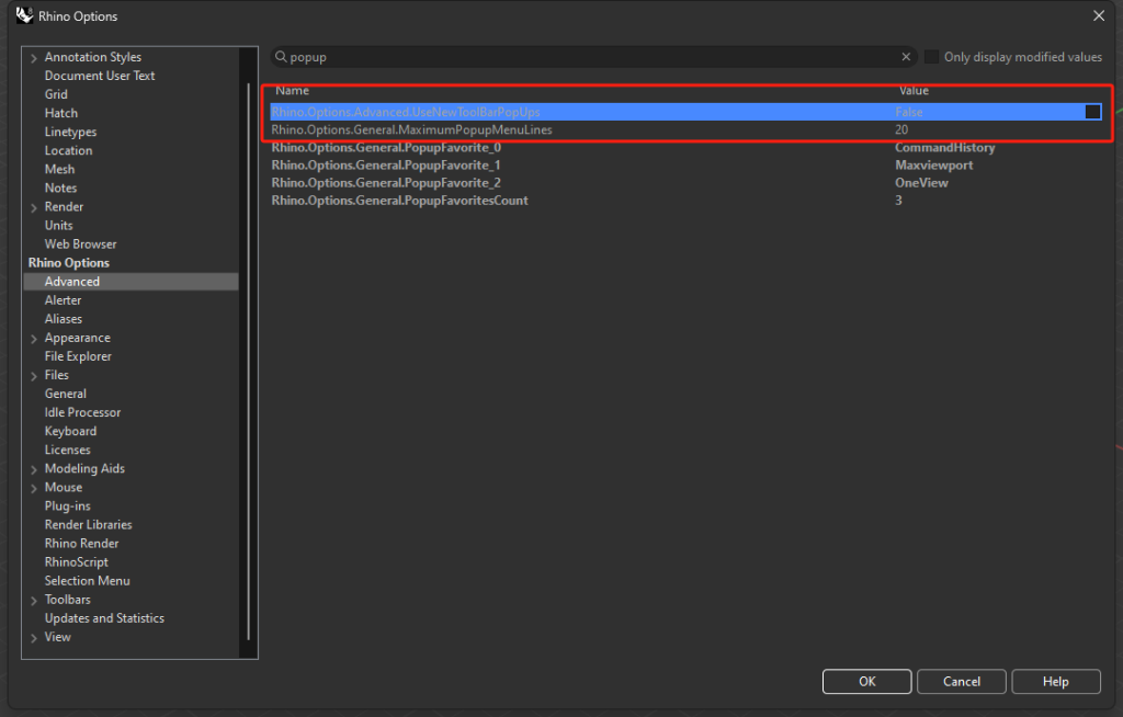 Advanced popup toolbar display options in Rhino 8
