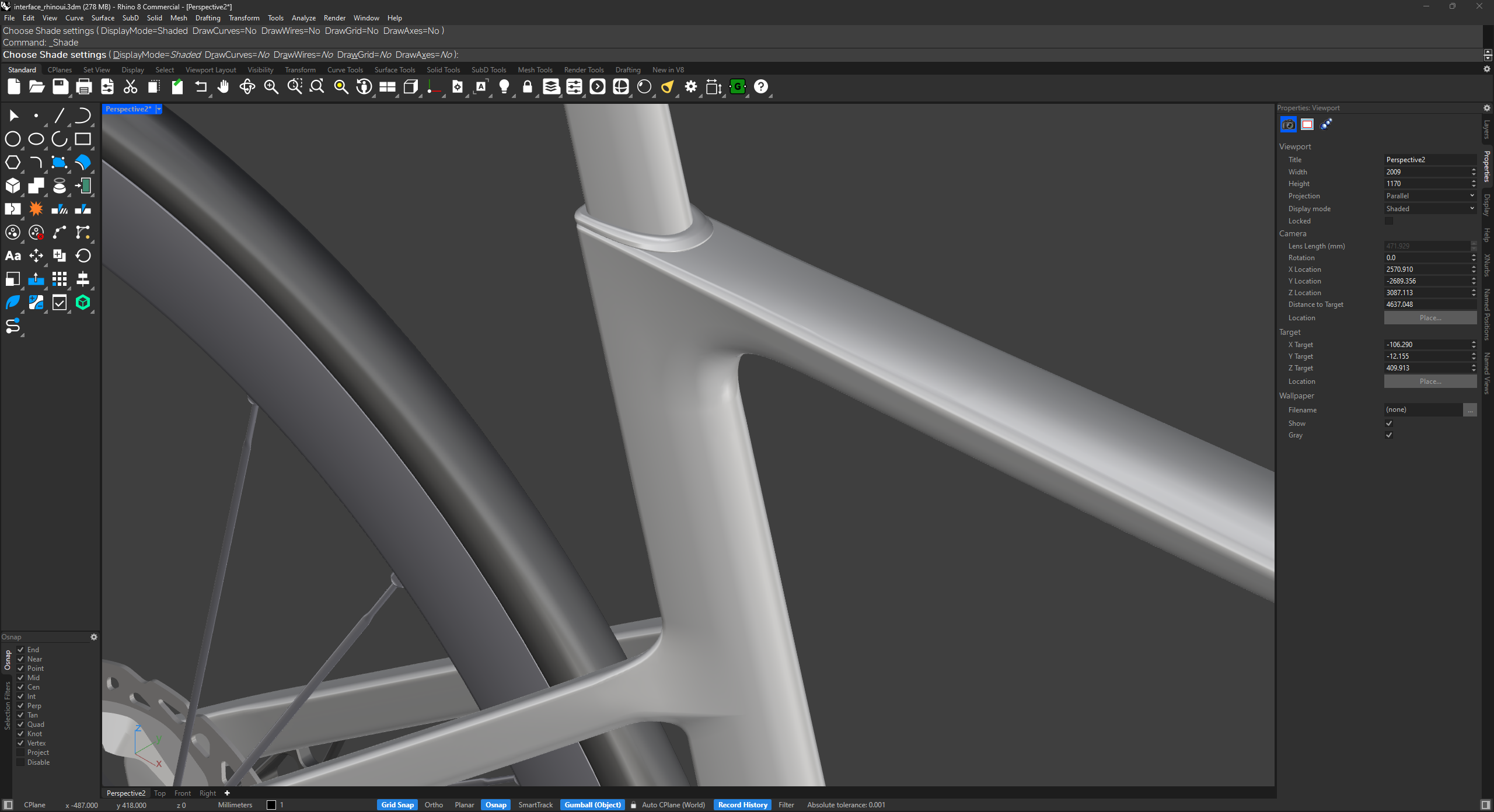Complete RhinoUI interface in Rhino 8 with custom toolbar icons, dark panels and refined viewport colors