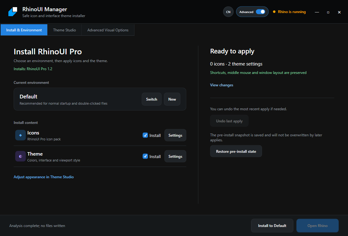RhinoUI Manager reviewing icons and theme settings before installation