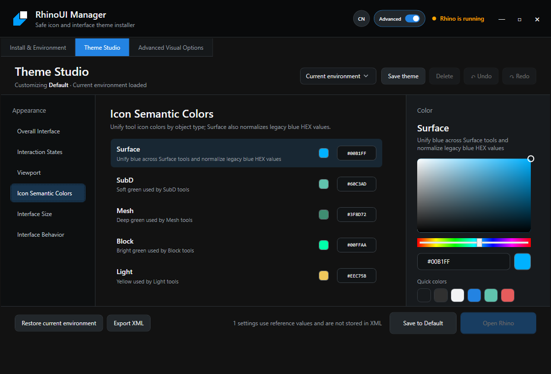 RhinoUI Manager Theme Studio showing interface color controls